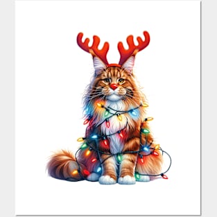 Christmas Red Nose Maine Coon Cat Posters and Art